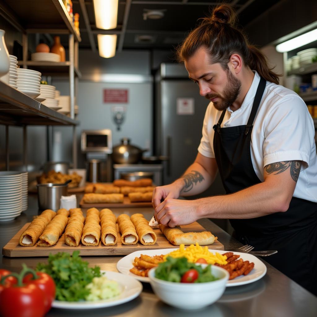 Skilled chef preparing fresh egg rolls in a busy food truck kitchen