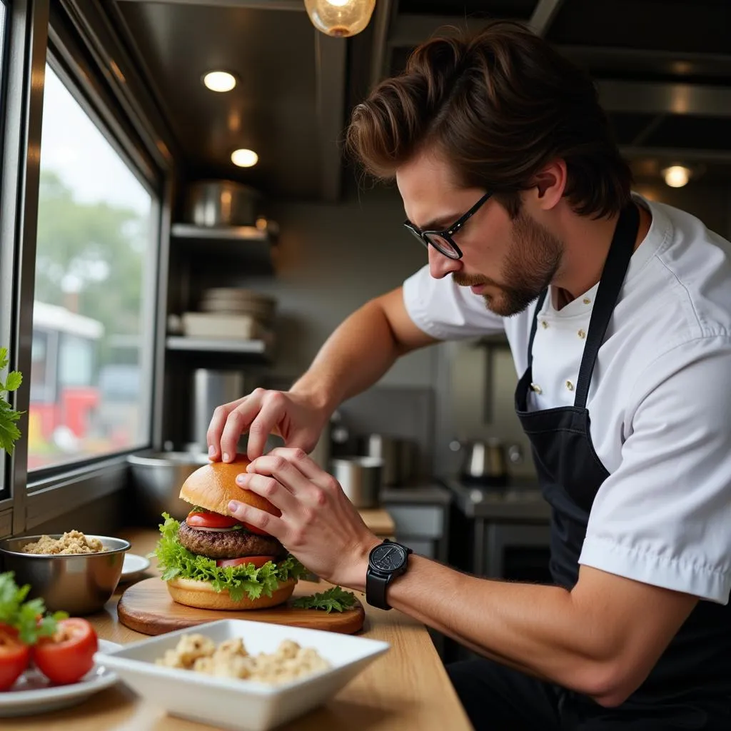 Skilled food truck chef expertly crafting a gourmet burger