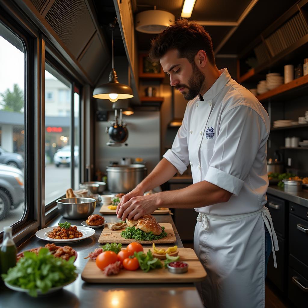 A chef inside a food truck preparing a dish with fresh ingredients