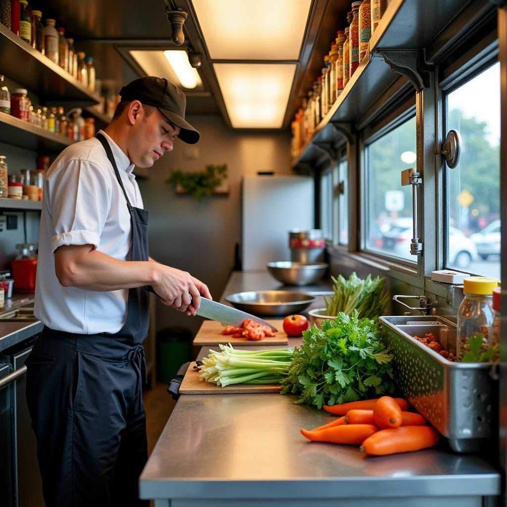 A skilled chef inside a good groceries food truck meticulously prepares fresh ingredients, showcasing the commitment to quality and flavor.