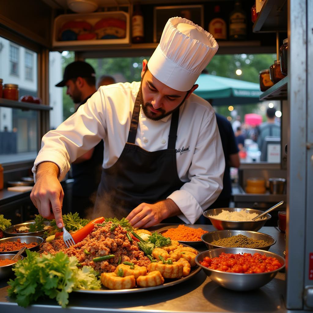 Chef preparing international food in a food truck.