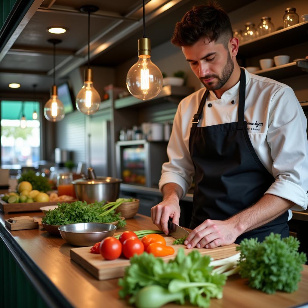 Chef meticulously prepping fresh ingredients inside a food truck