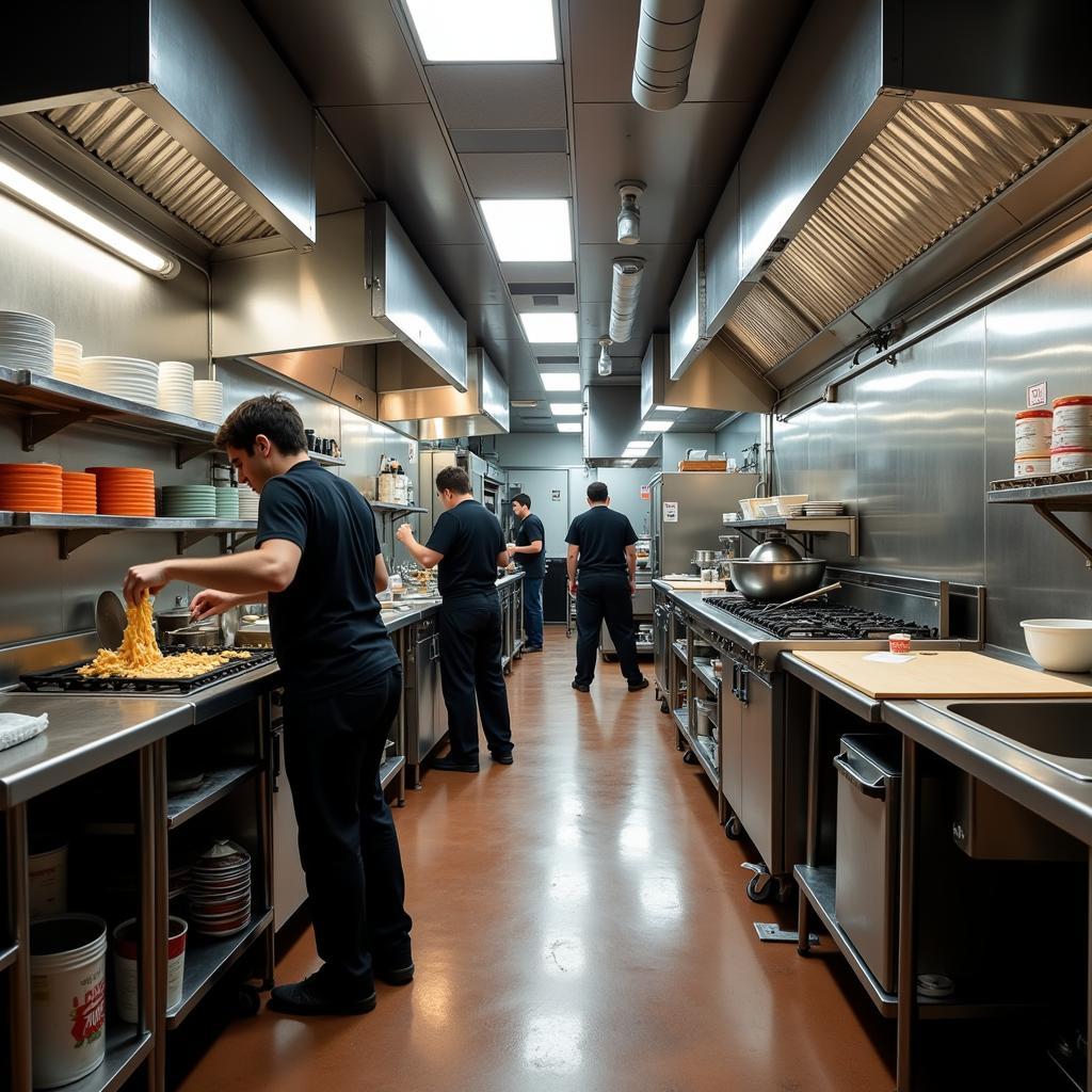 Inside a bustling food truck commissary kitchen