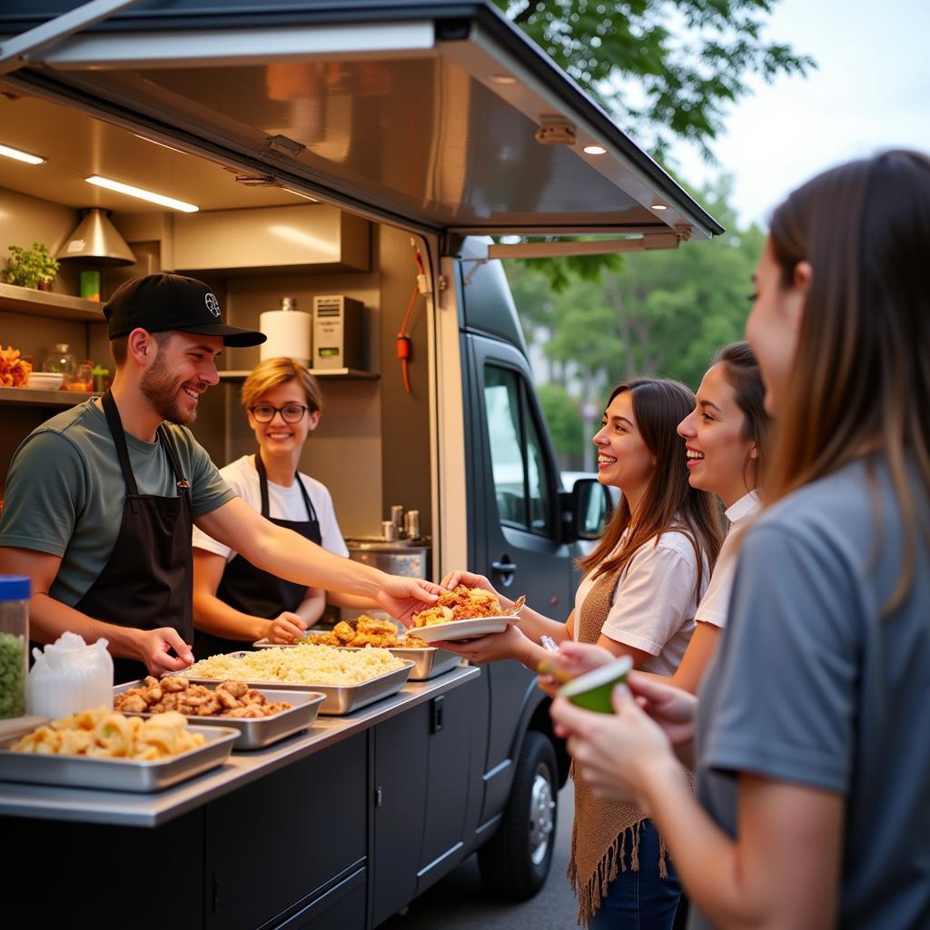 Happy customers interacting with staff at a food truck's concession window