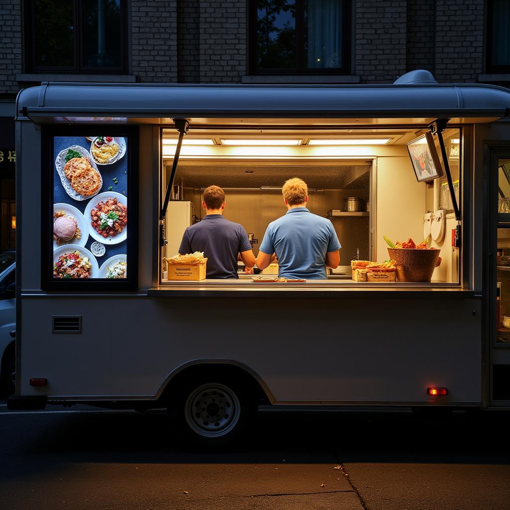 Modern food truck concession window with digital menu and bright lighting