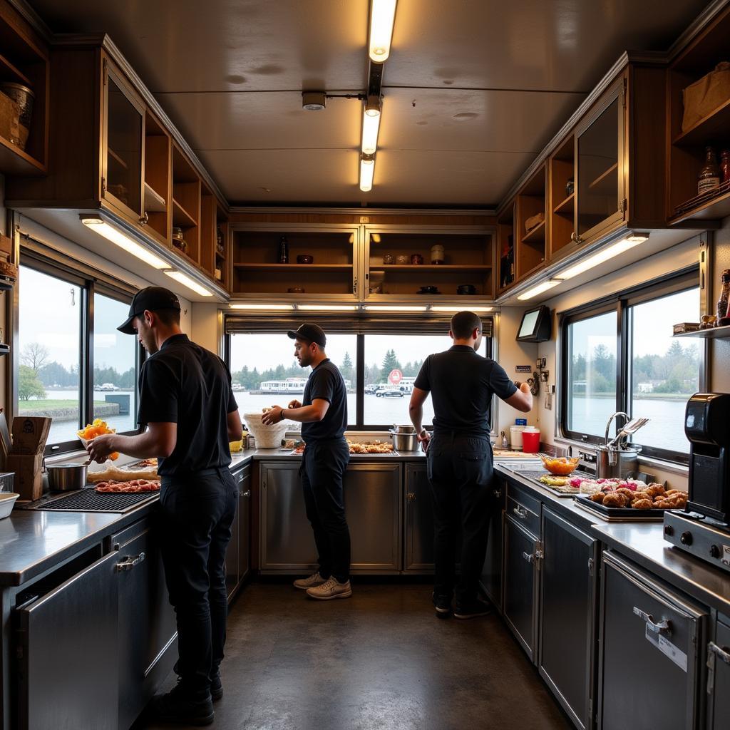 Food truck staff working efficiently at a well-lit concession window