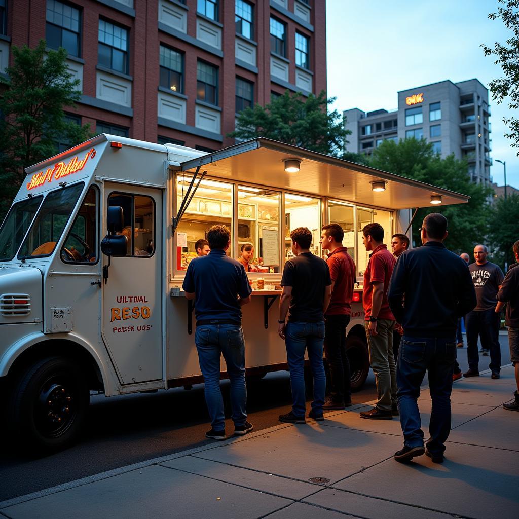 Busy food truck container serving customers