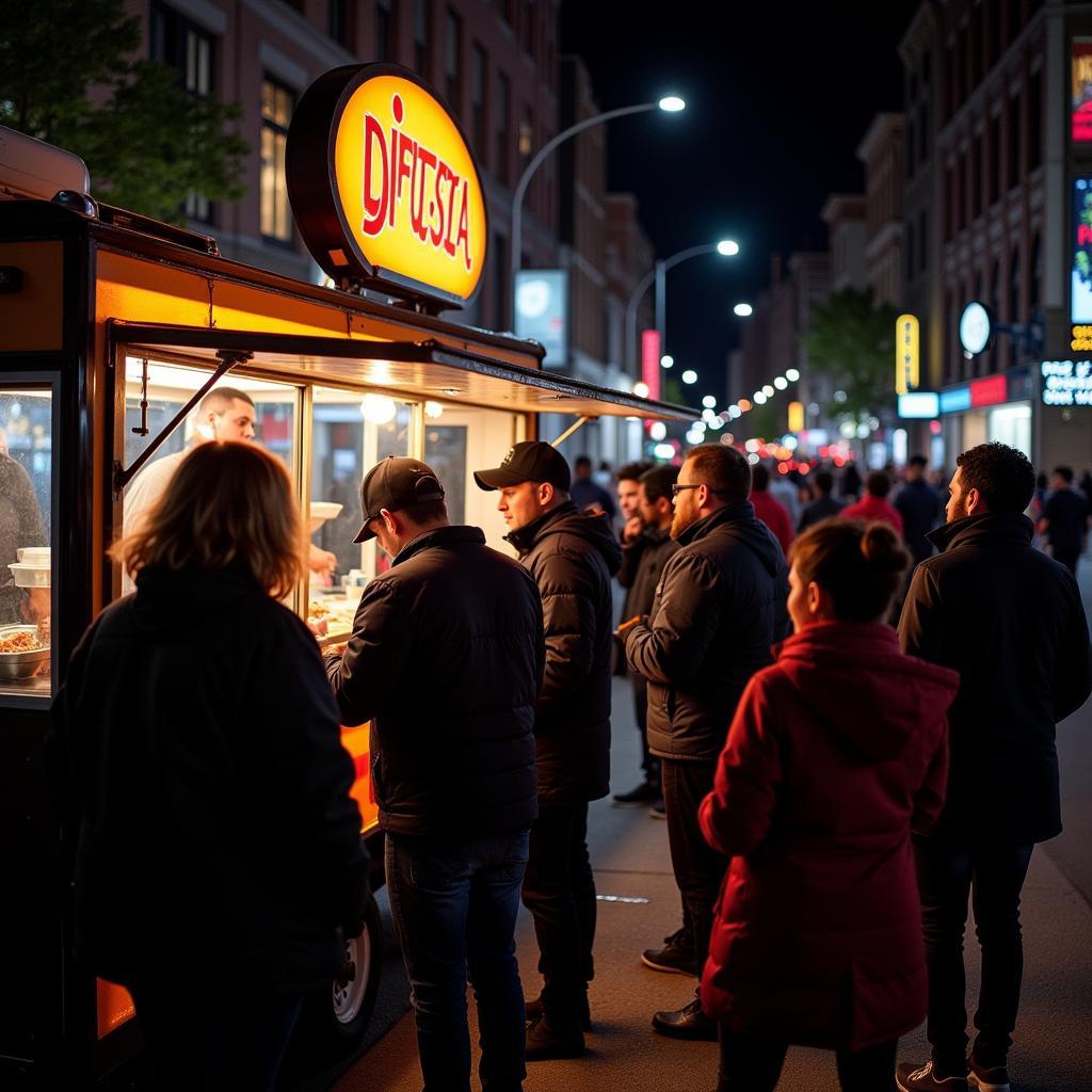 Food truck serving customers on a lively downtown street at night.