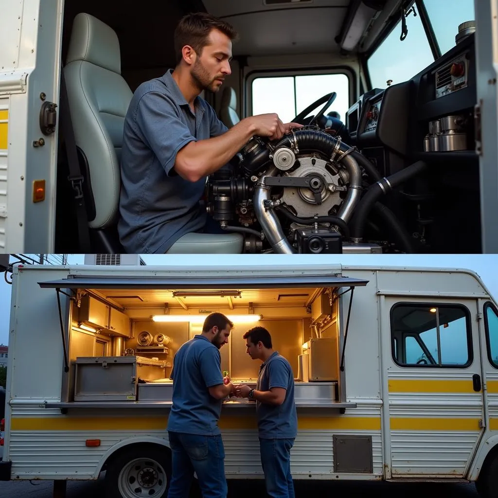 Inspecting the engine and kitchen equipment of a used food truck for sale