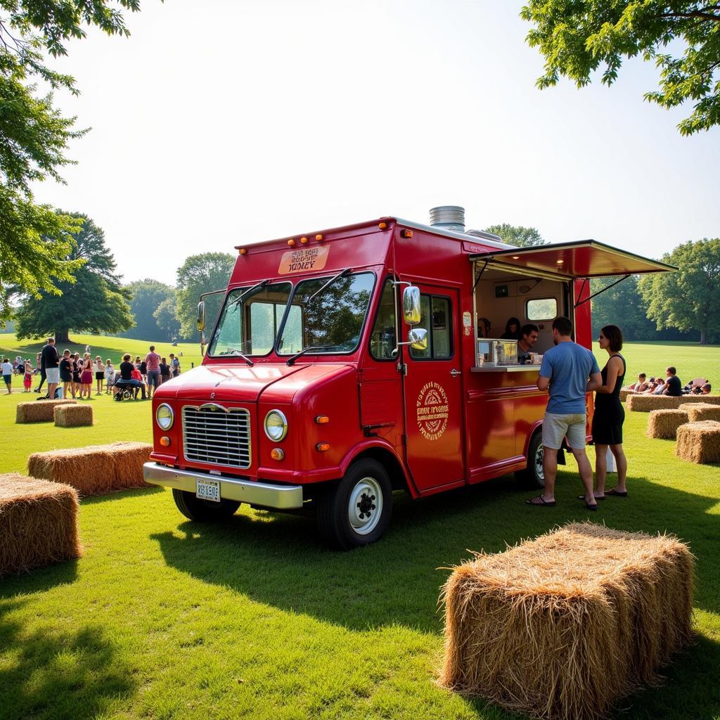 Food truck parked in a farm setting