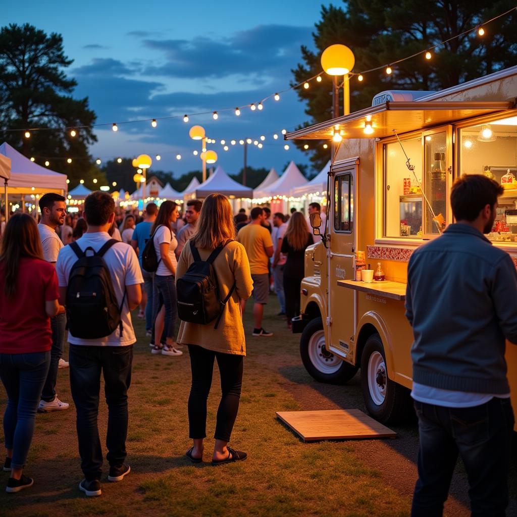 A lively food truck festival with crowds of people enjoying various cuisines, live music performances, and a festive atmosphere