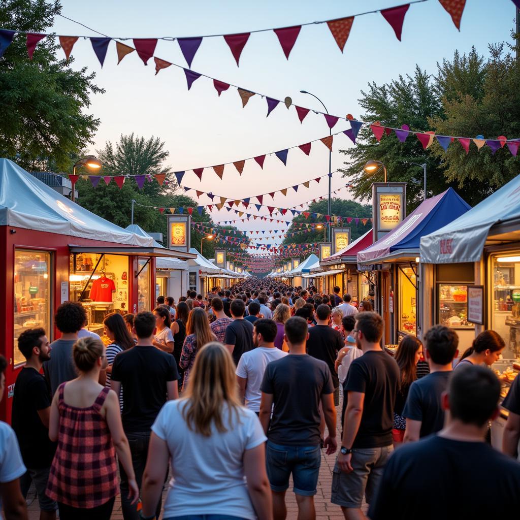 Food truck festival with vibrant decorations and crowds.