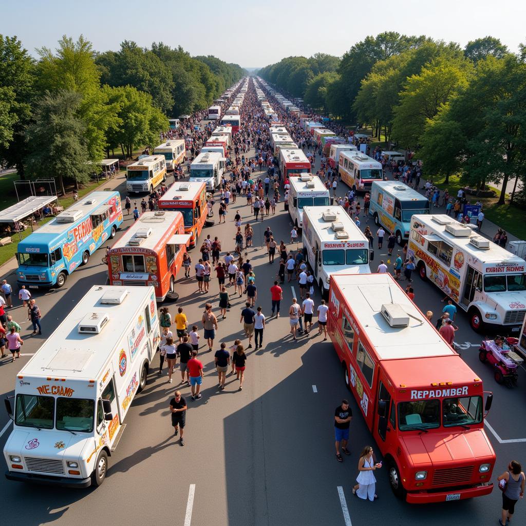 Food trucks lined up at a lively food festival, attracting crowds of people.