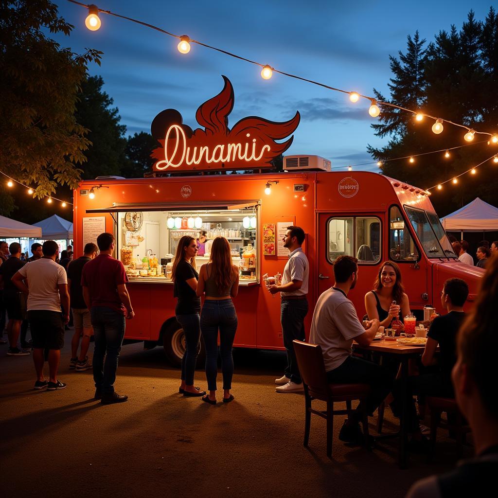 A lively food truck festival with people enjoying food and drinks