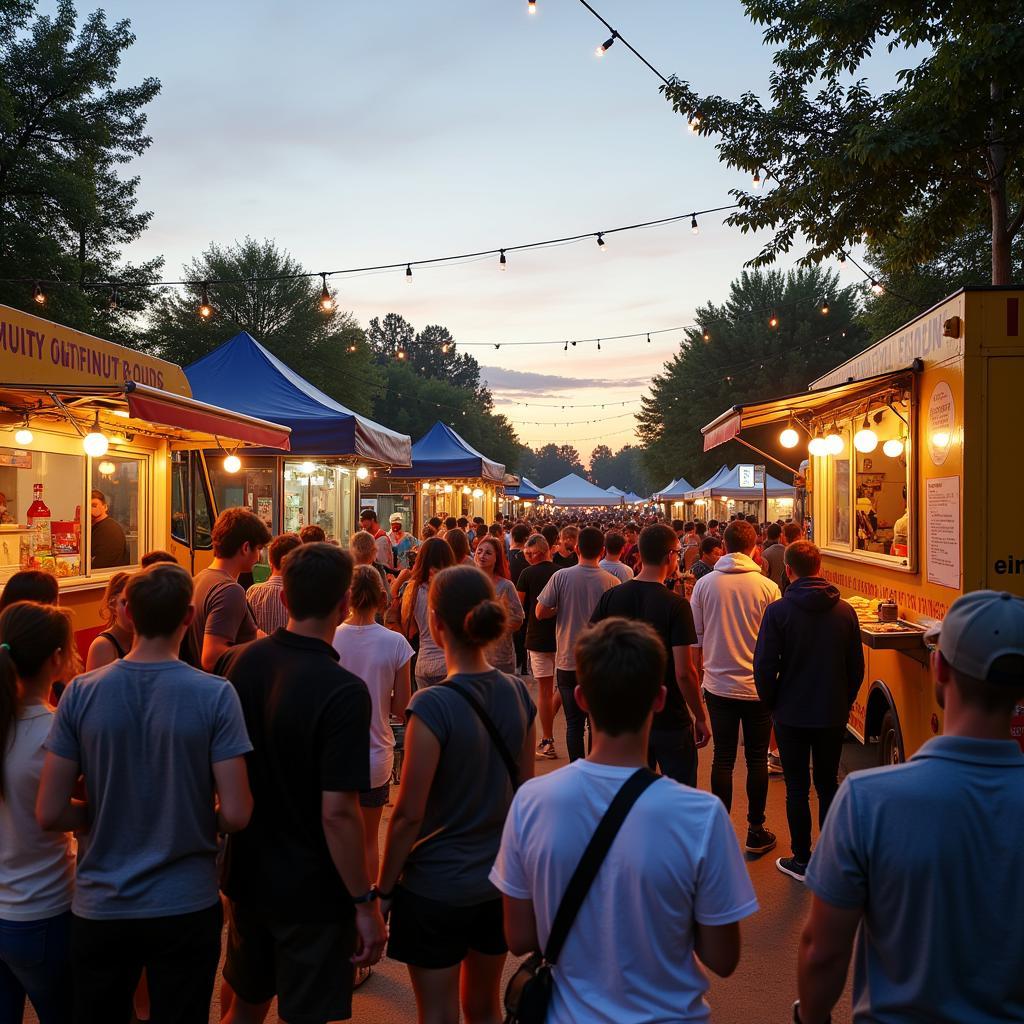 Vibrant atmosphere of a food truck festival with people enjoying diverse cuisines