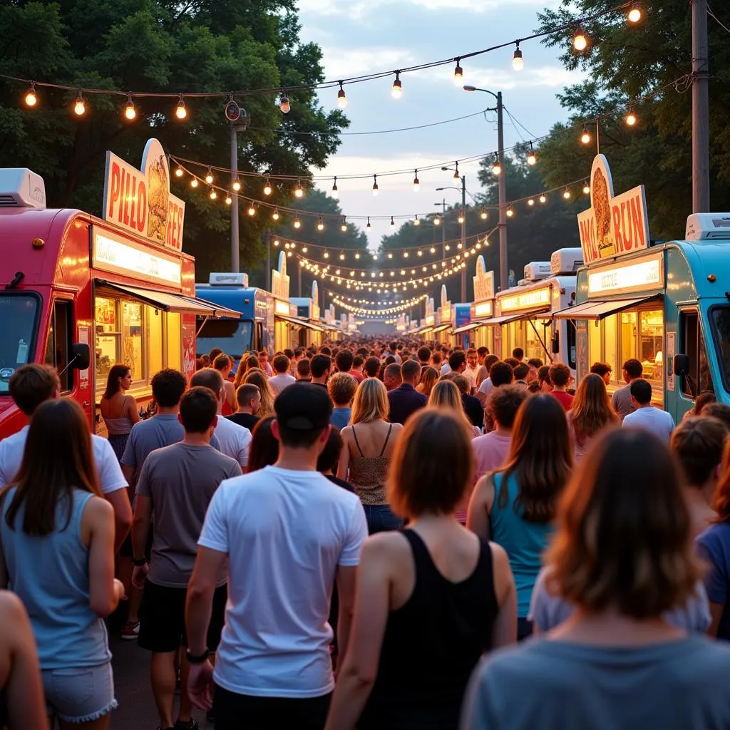 A bustling food truck festival with a diverse crowd