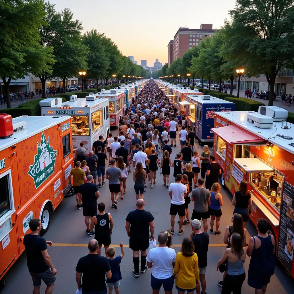 Food truck festival with a large crowd enjoying backdrop food