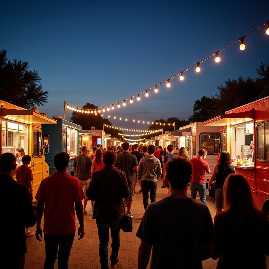 A bustling food truck festival with a large crowd