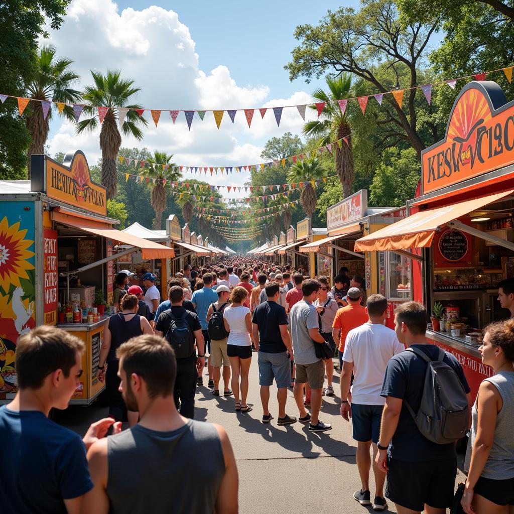 A bustling food truck festival with people enjoying diverse cuisines