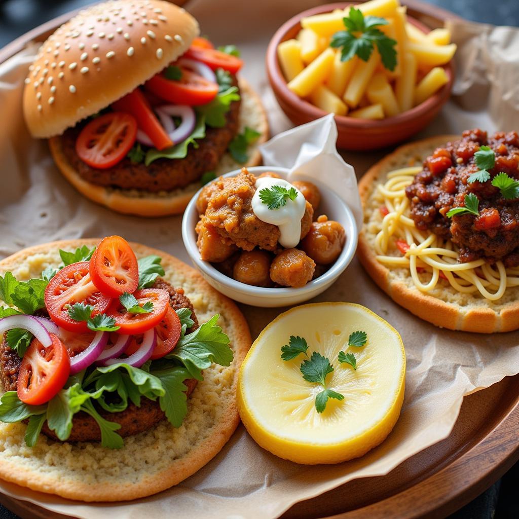 A close-up shot of colorful and delicious food from a food truck festival