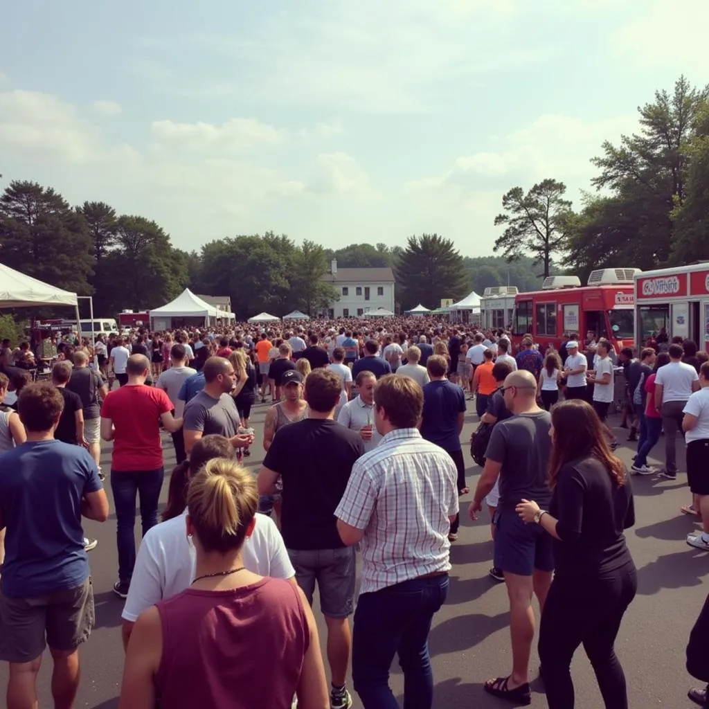 A large crowd gathers around colorful food trucks at the Leominster Food Truck Festival