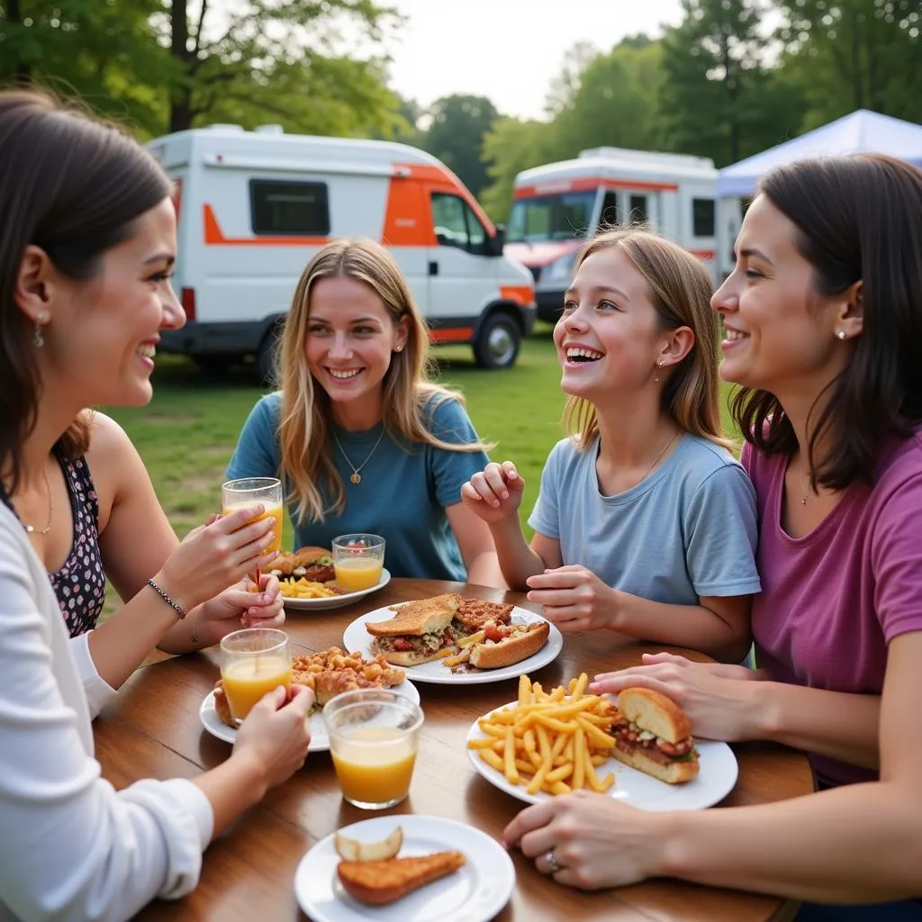 Families and friends gather around picnic tables at the Leominster Food Truck Festival, enjoying food and conversation.