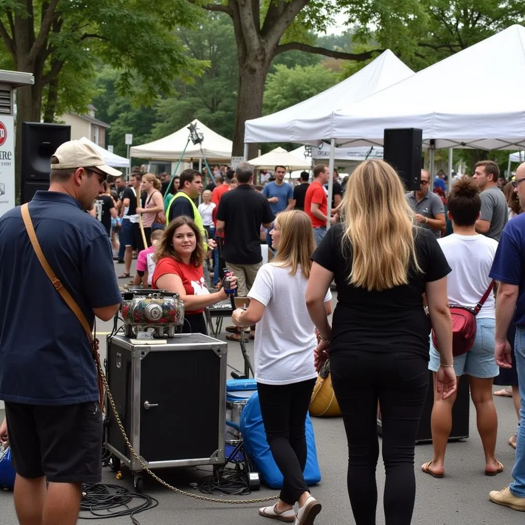 Musicians perform on a stage at the Leominster Food Truck Festival, surrounded by food trucks and attendees