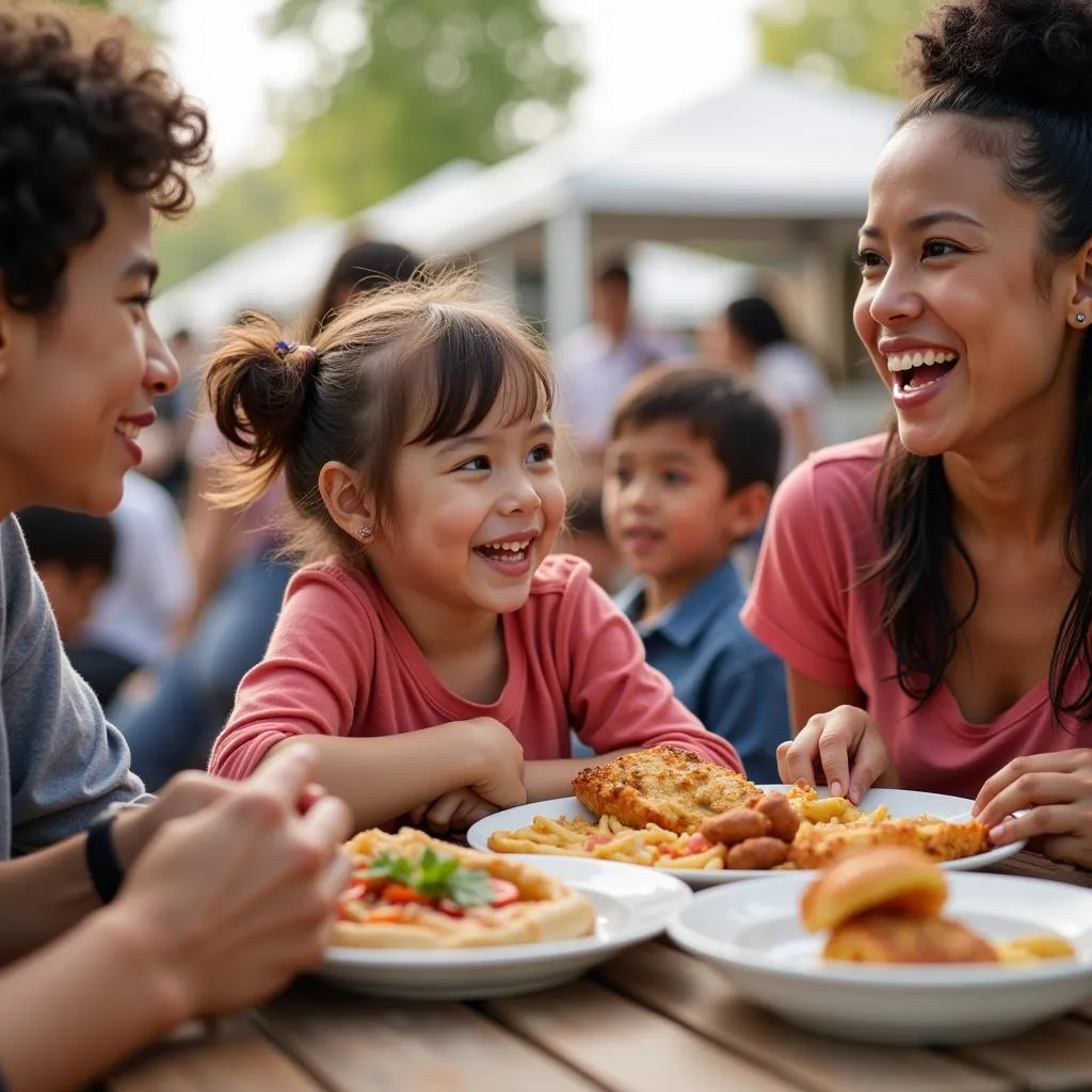 Families enjoying food and activities at a food truck festival in Minneapolis