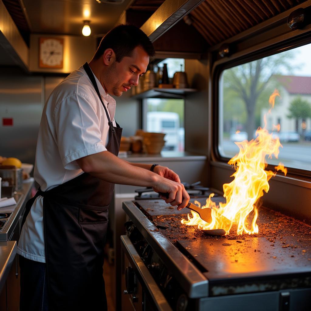 Chef Preparing Food on a Food Truck Flat Top Grill