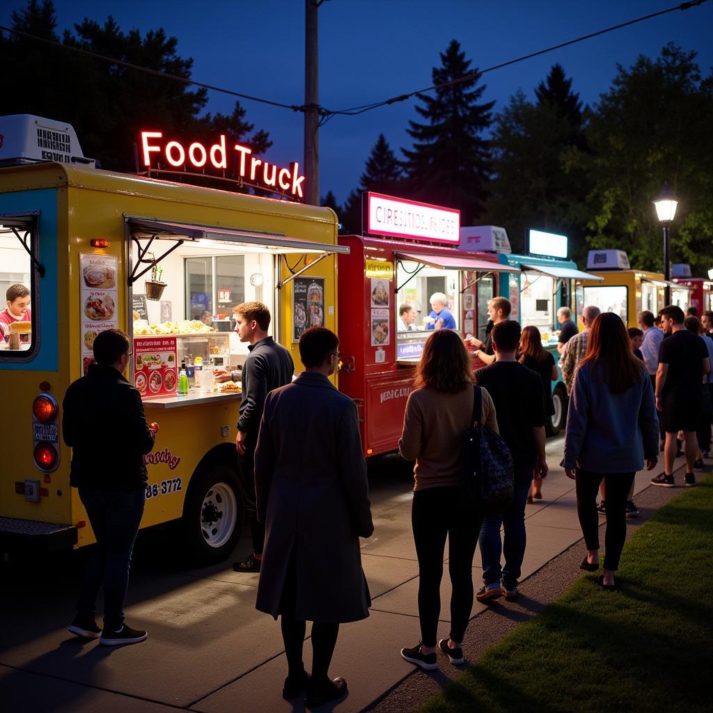 A lively crowd gathers around colorful food trucks in Garden City, KS.