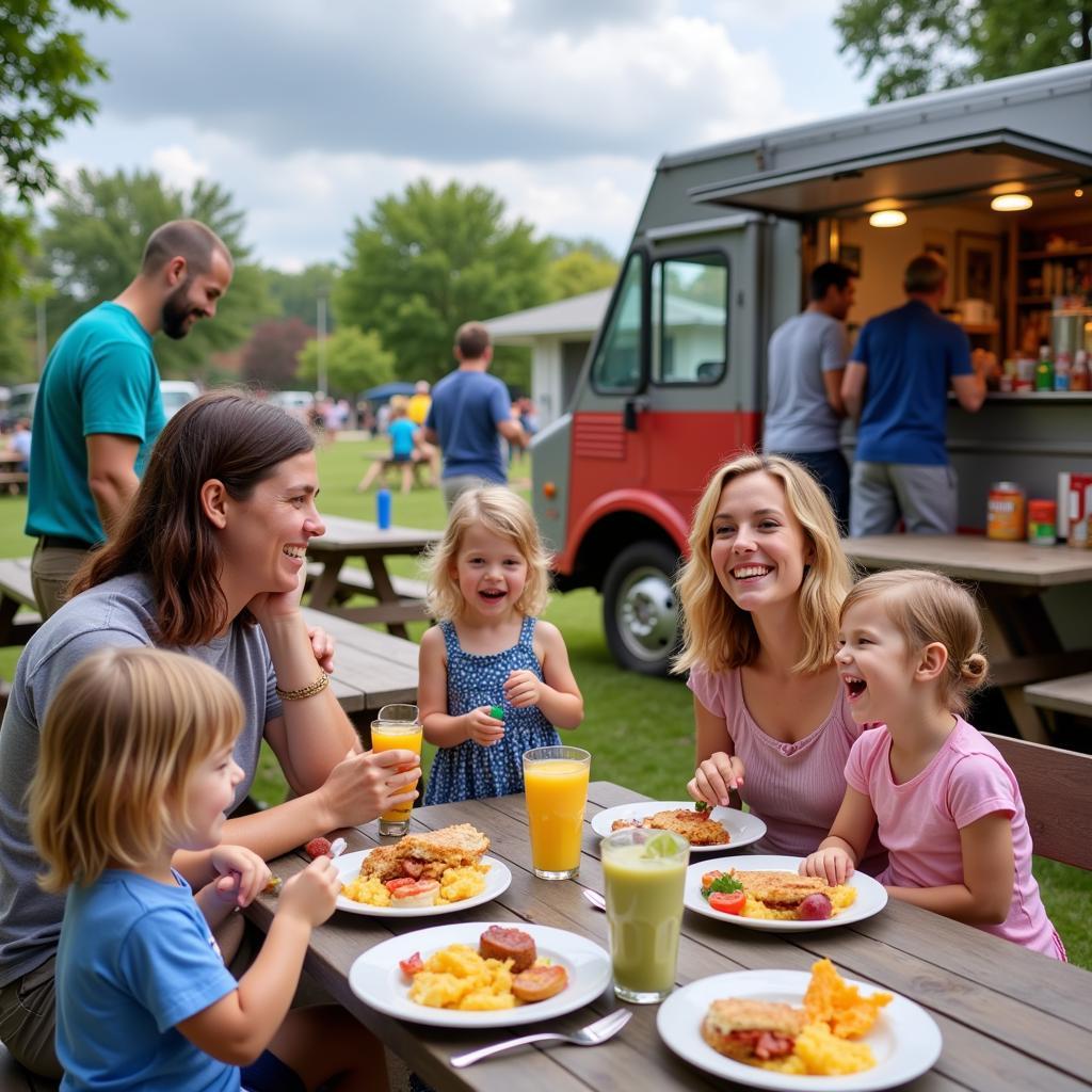 Families and friends enjoy their meals at picnic tables set up for Food Truck Friday.