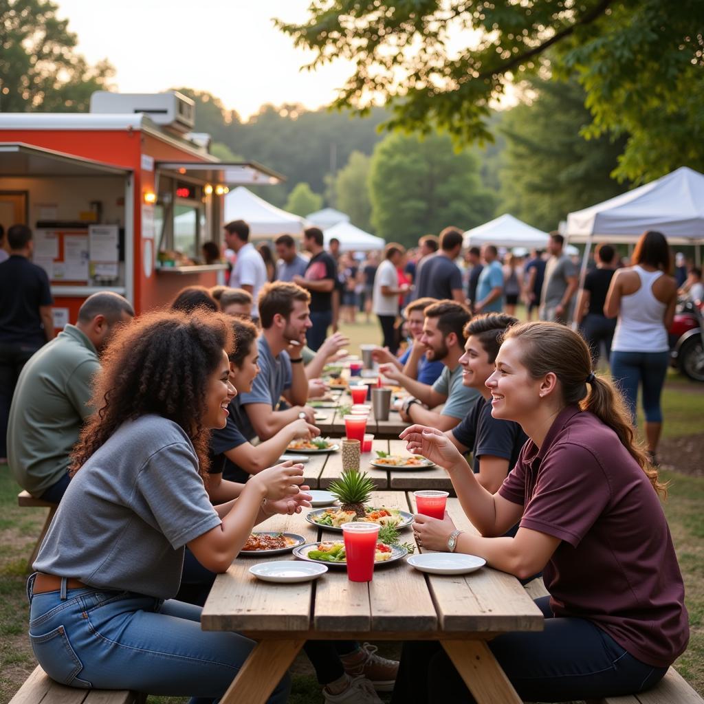 People enjoying the community atmosphere at Food Truck Friday in Pinckney