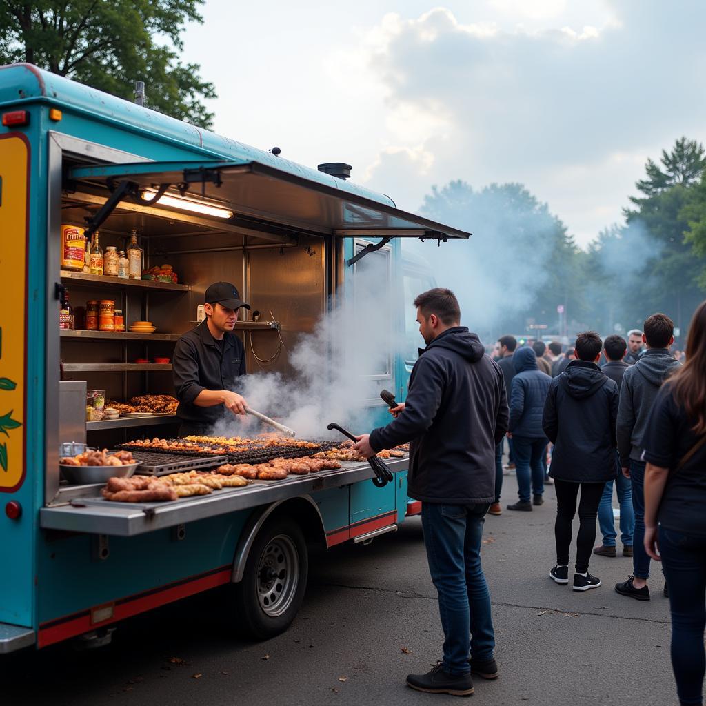 Food truck with outdoor grill setup