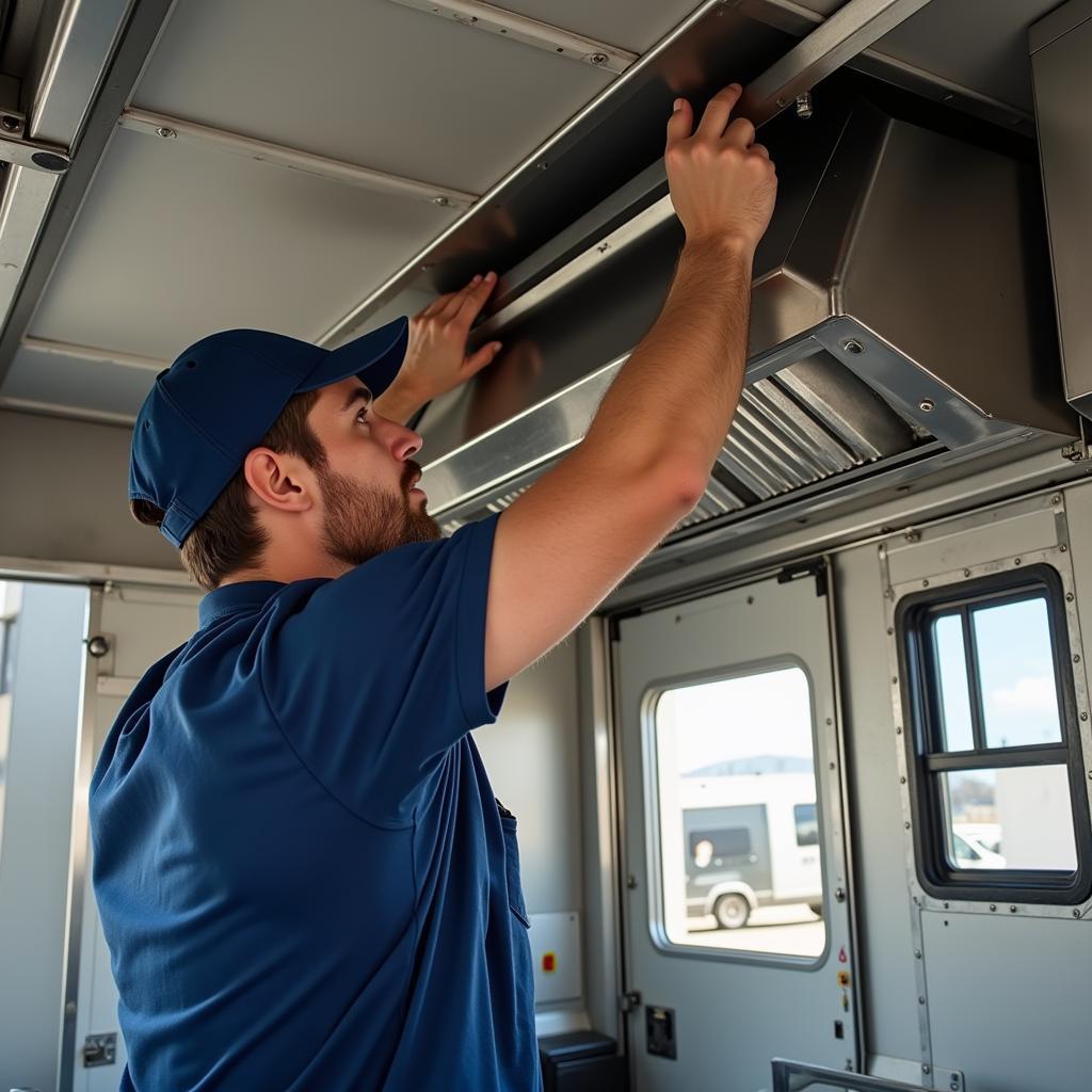 A food truck undergoing the hood installation process