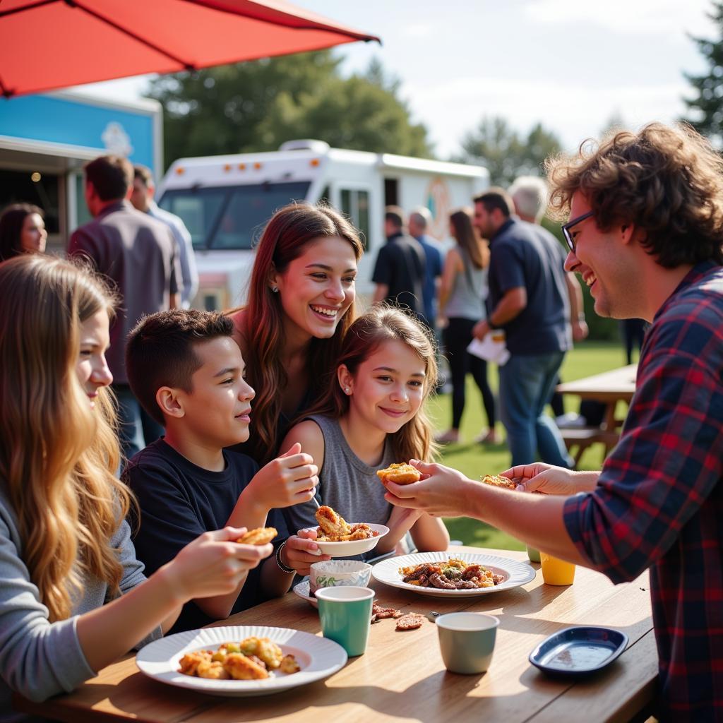 People enjoying food and socializing at a food truck gathering in Kennewick, WA