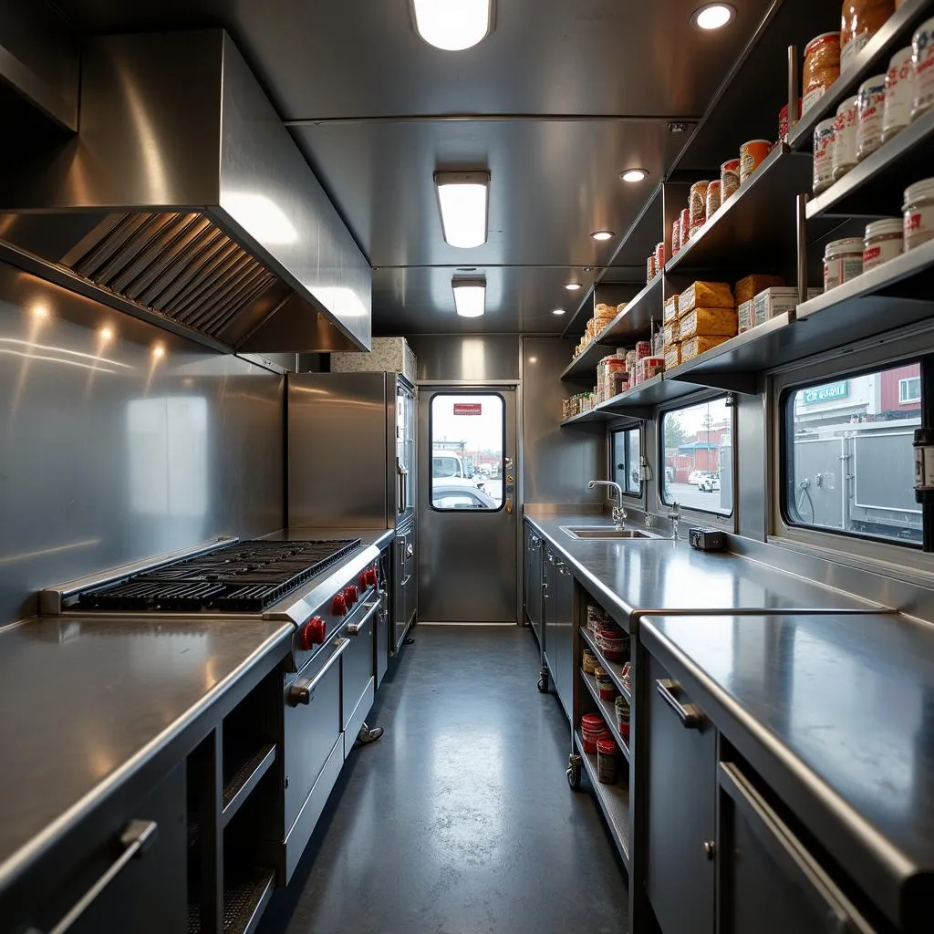 Inspecting the kitchen equipment inside a food truck for sale in Illinois 