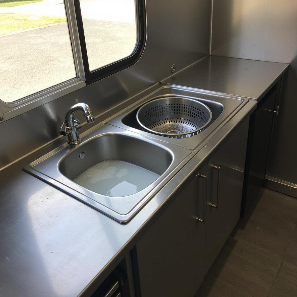 Food truck kitchen interior with a double-sink unit