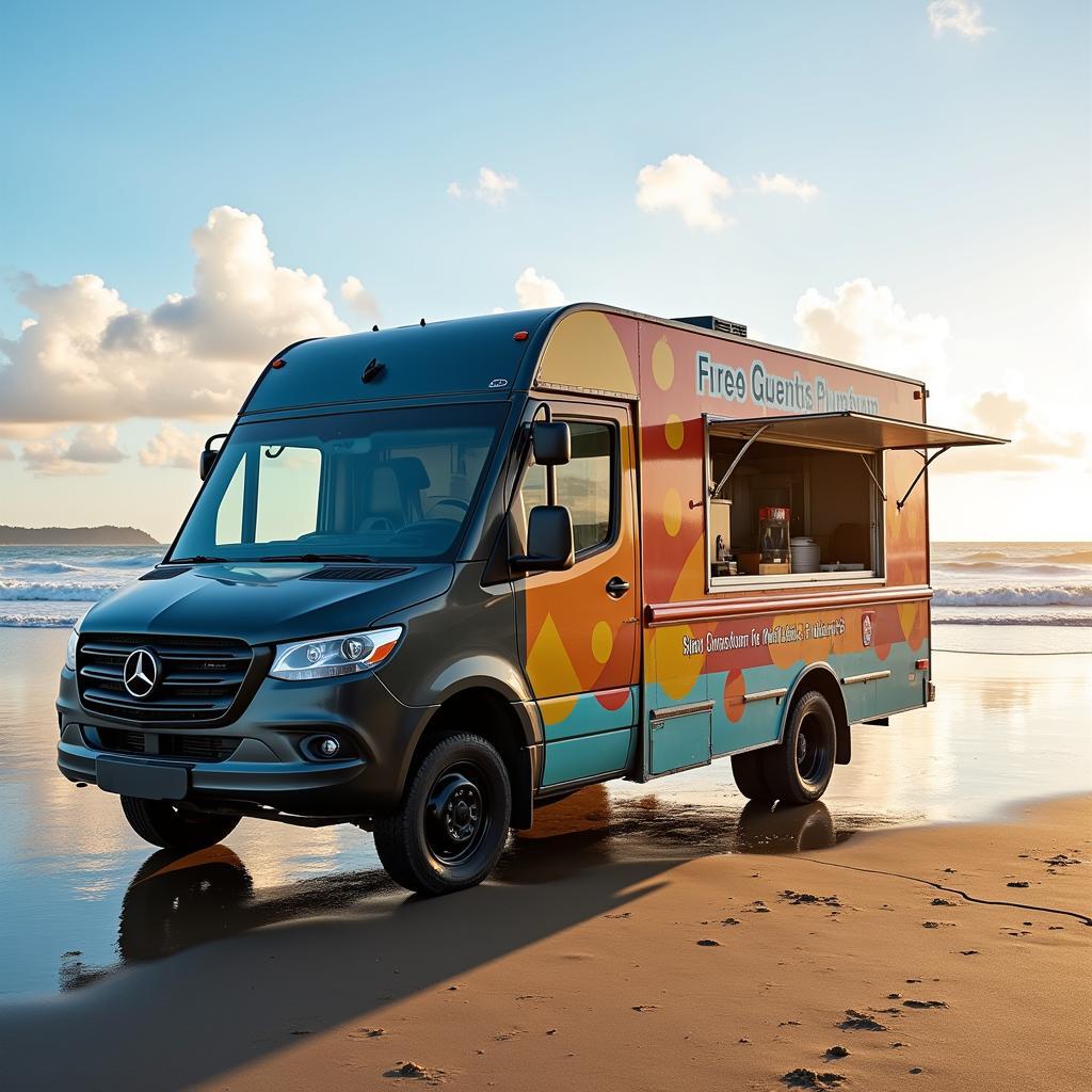 Modern food truck with living quarters parked by the beach, showcasing its exterior design and vibrant branding.