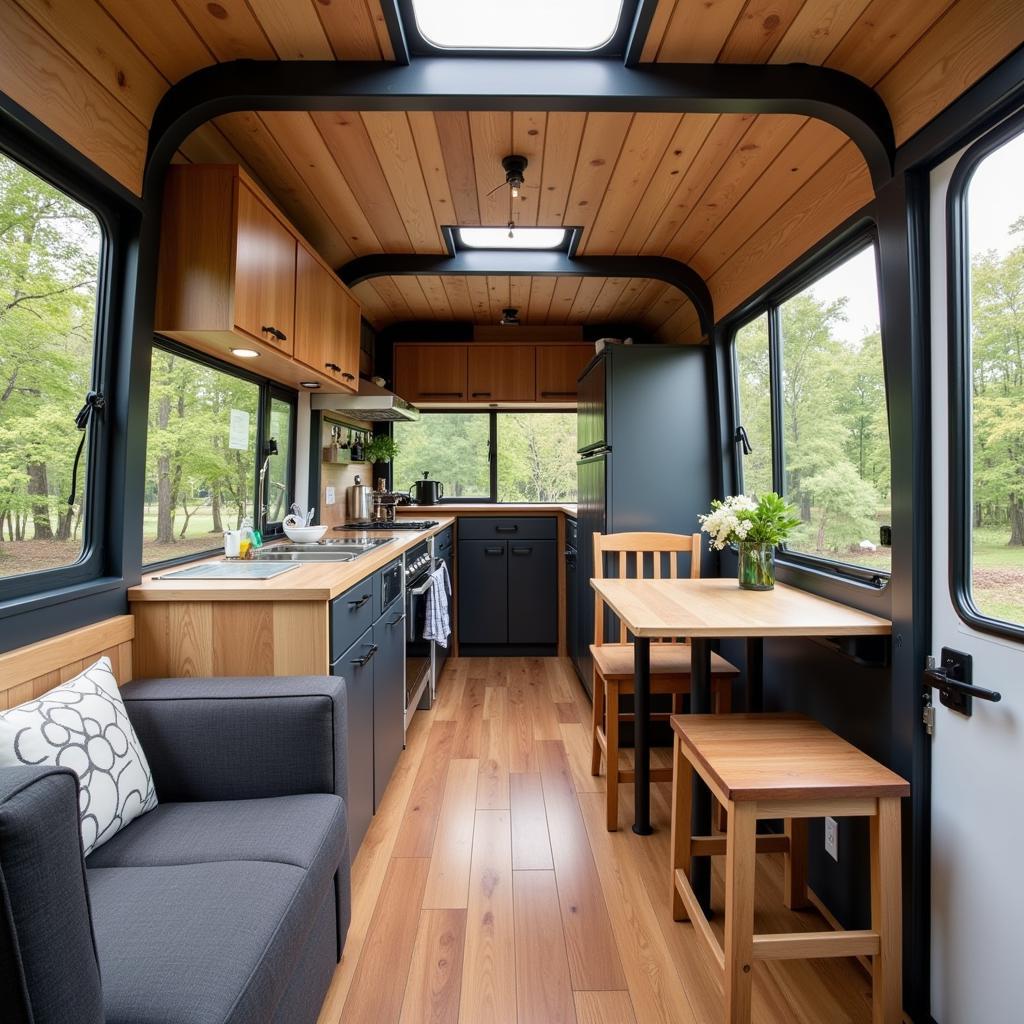 Well-designed interior of a food truck with living quarters, featuring a compact kitchen and cozy living space.