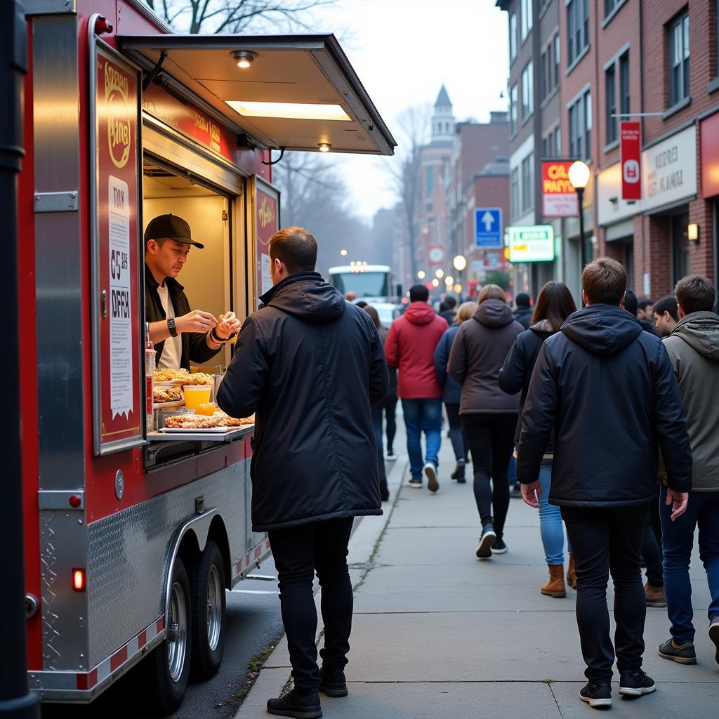 A food truck in Lowell with a long line of people waiting to order lunch