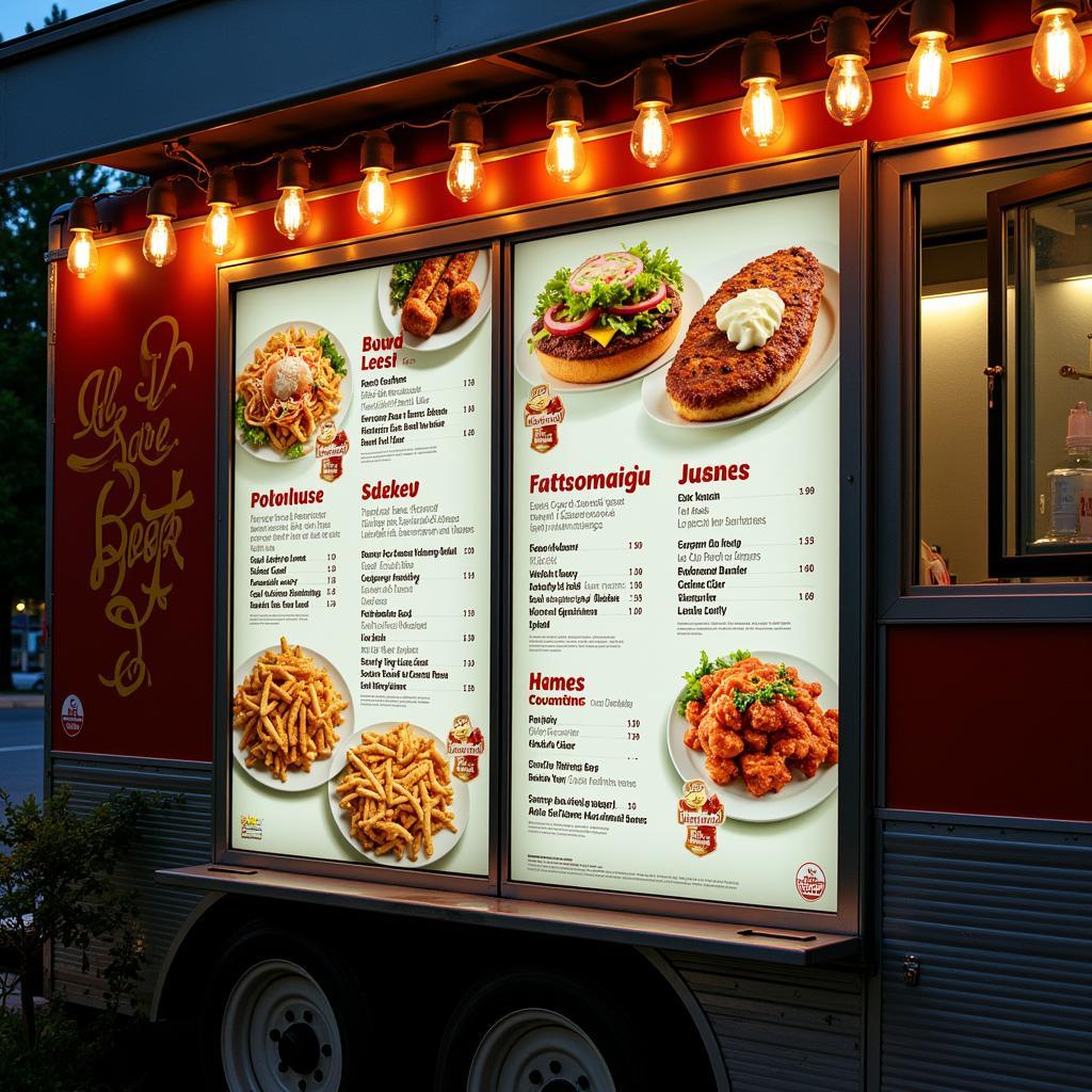 A close-up of a food truck's menu board, showcasing tempting food photography and descriptions.