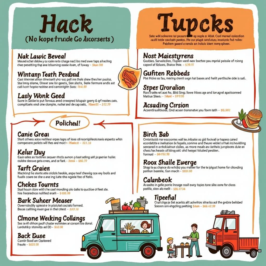 Food truck menu design with colorful illustrations.