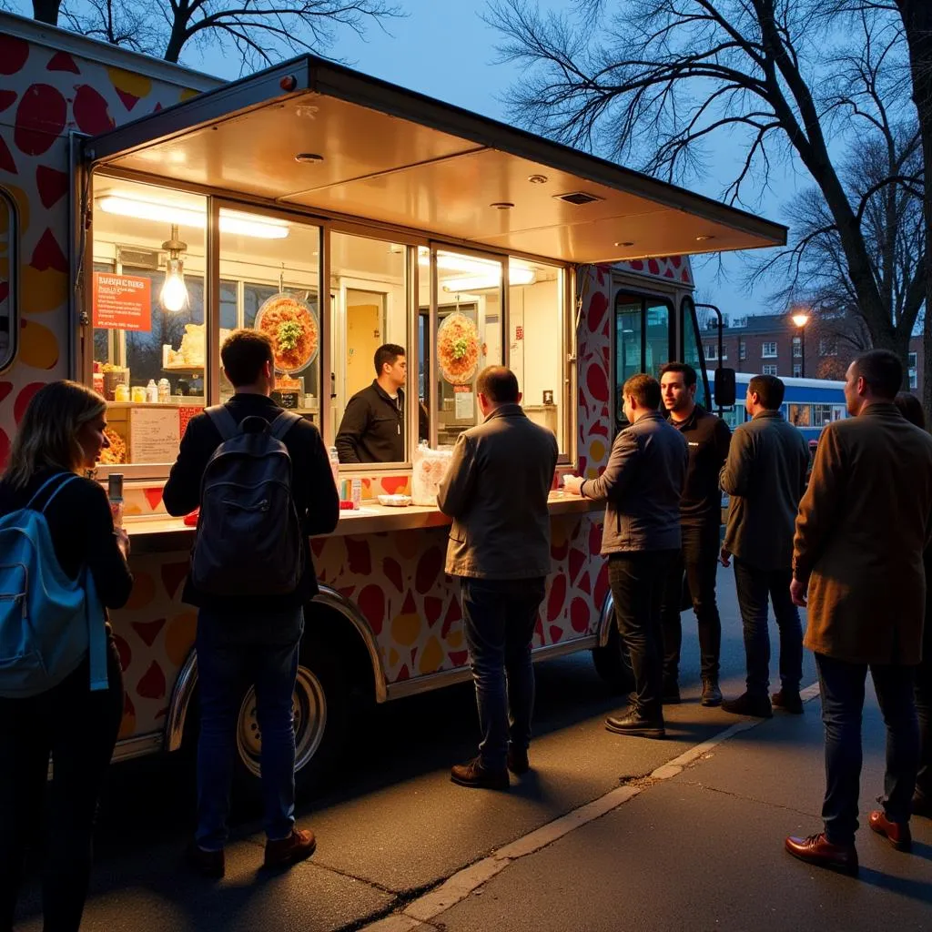 A bustling food truck scene near Knockdown Center, with a focus on a taco truck.