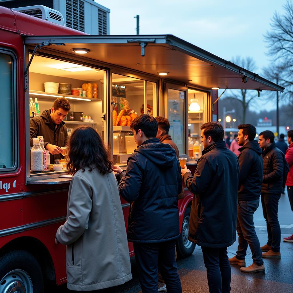 Food Truck Operational Equipment: A food truck with a brightly lit menu board and a queue of customers.