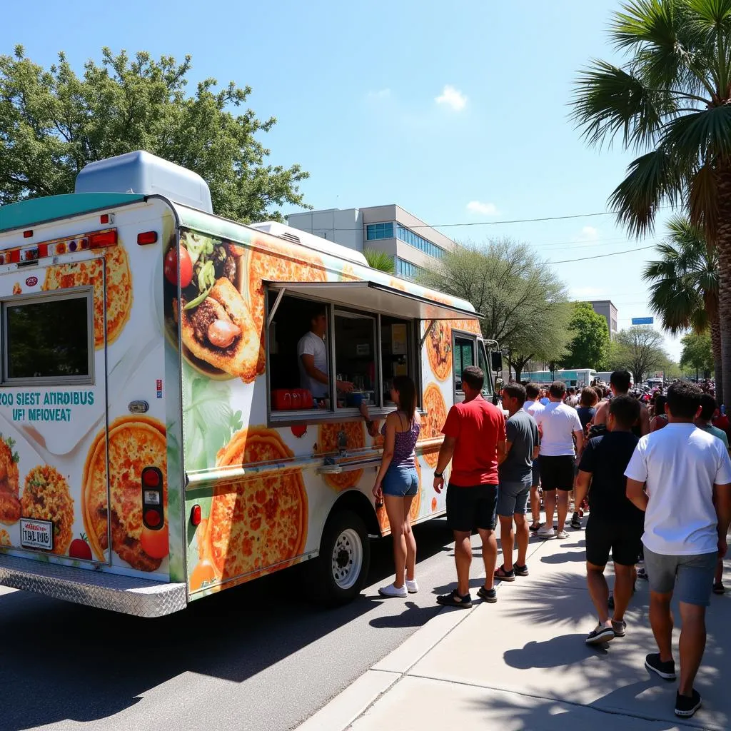 Food truck serving customers on a busy Orlando street