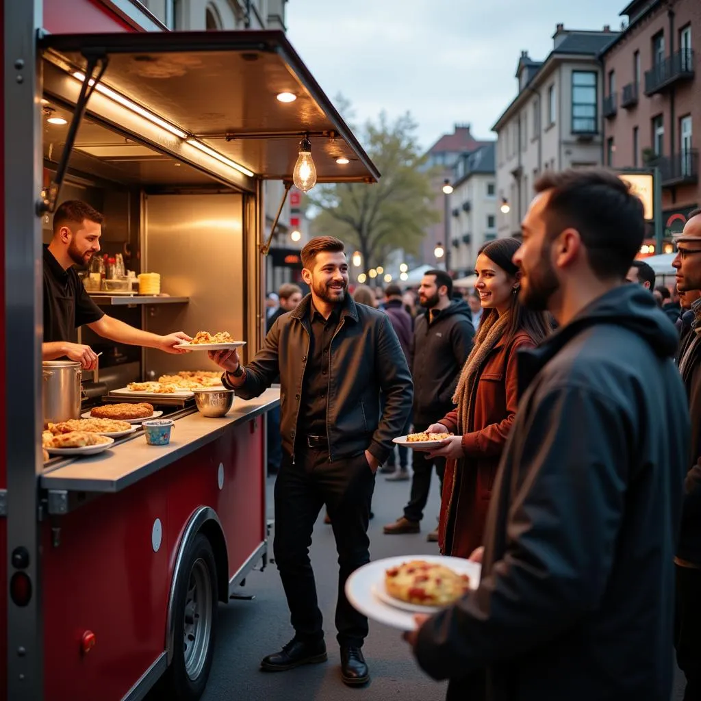 Customers ordering from food truck with oven