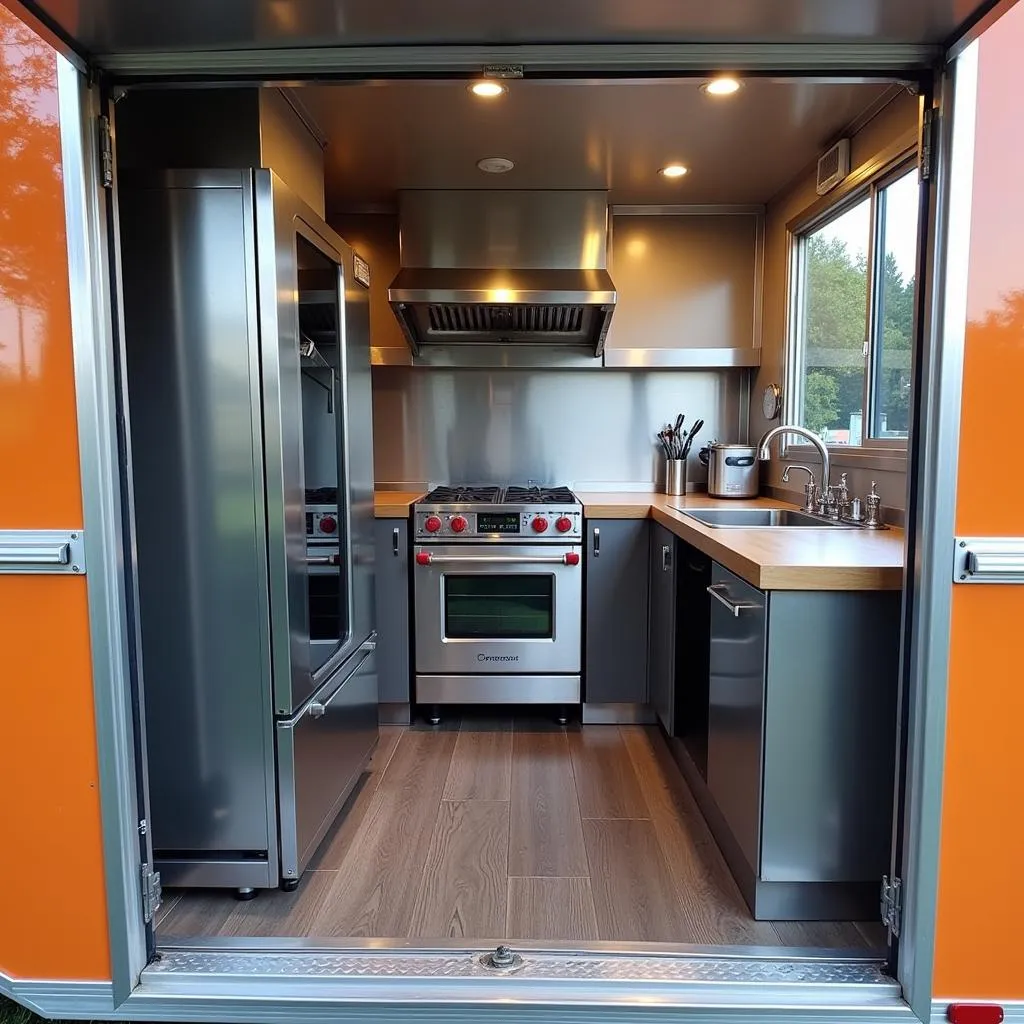 Inside a food truck kitchen with oven