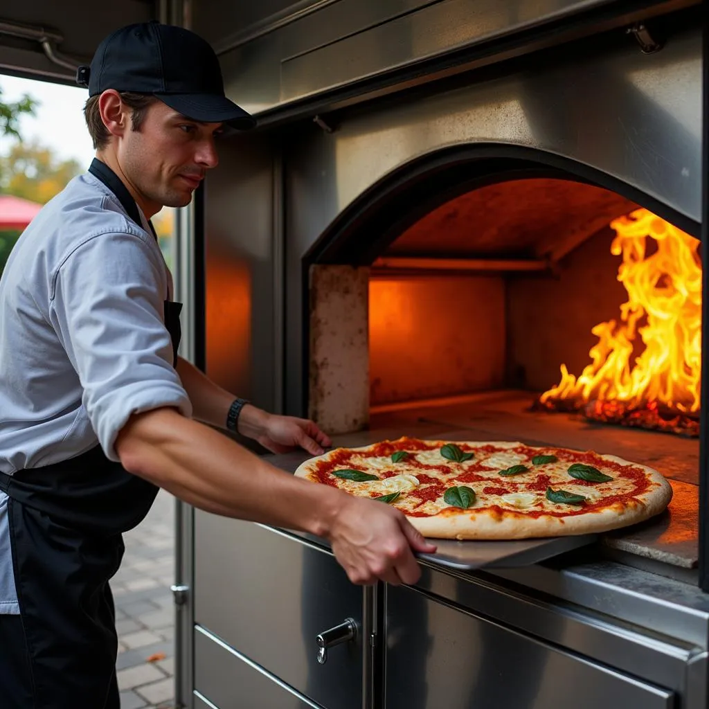 Food truck oven baking pizza