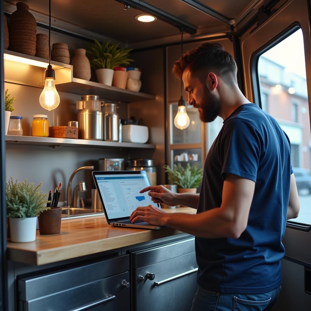 Food Truck Owner Analyzing Finances on Laptop