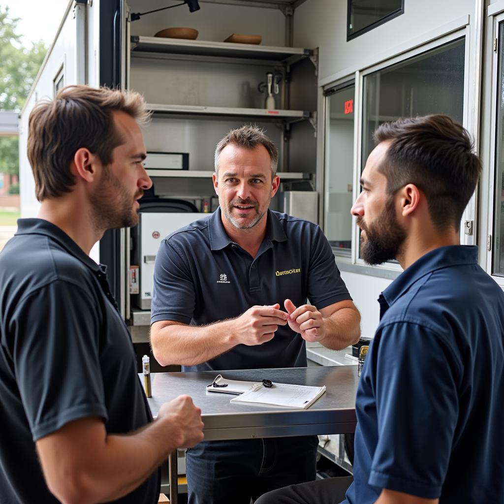 A food truck owner talks to a technician about hood installation